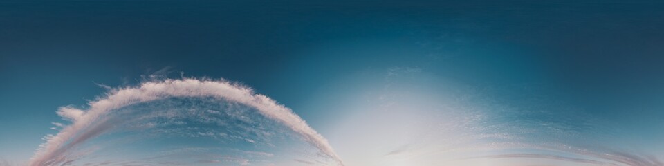 Wall Mural - Sunset sky with bright glowing pink Cirrus clouds. Seamless spherical HDR 360 panorama. Full zenith or sky dome in 3D, sky replacement for aerial drone panoramas. Climate and weather change.