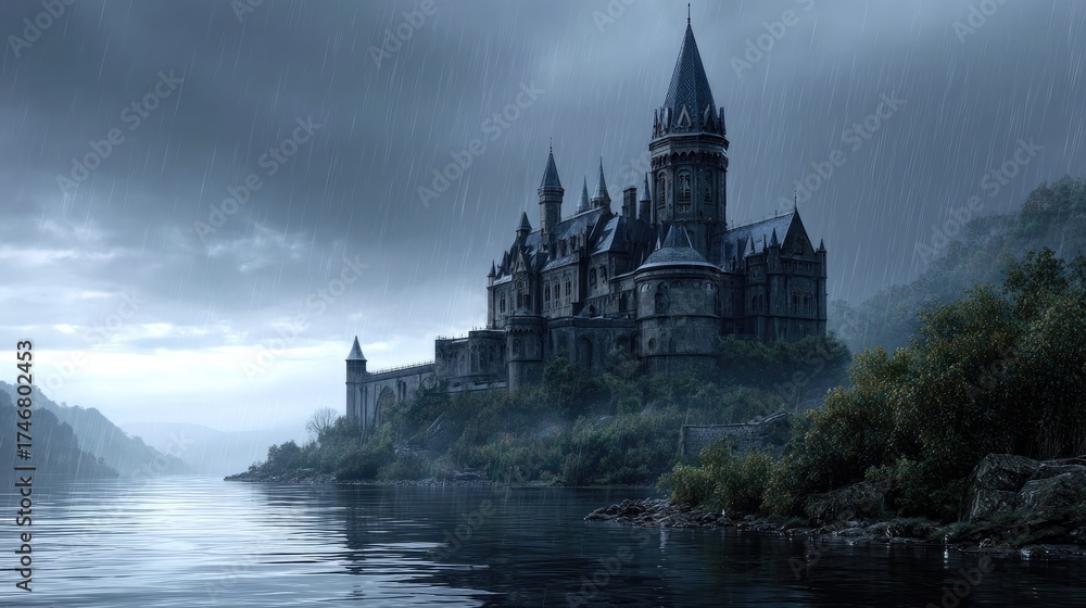 Mysterious Castle on a Stormy Lake: An imposing gothic castle stands ...