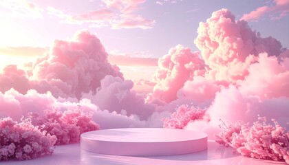 Wall Mural - An elegant abstract setup with a product pedestal in a fairytale-inspired landscape, featuring soft pastel pink clouds in a 3D illustration