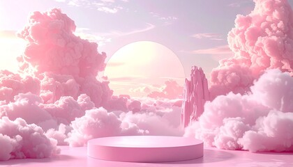 Wall Mural - An elegant abstract setup with a product pedestal in a fairytale-inspired landscape, featuring soft pastel pink clouds in a 3D illustration