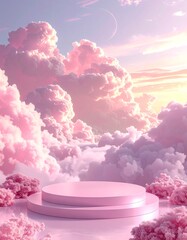 Wall Mural - An elegant abstract setup with a product pedestal in a fairytale-inspired landscape, featuring soft pastel pink clouds in a 3D illustration