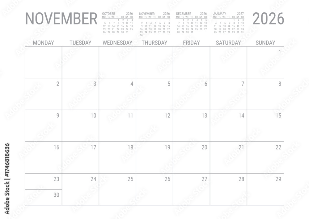 Vector de Stock November Calendar 2026 Monthly Planner Printable A4 Vector de Stock November Calendar 2026 Monthly Planner Printable A4
