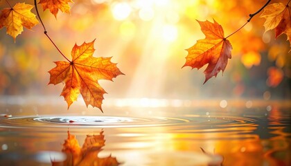 Wall Mural - Autumn leaves gently falling above a serene water surface, reflecting warm sunlight in a tranquil setting