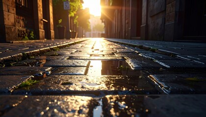 Wall Mural - Serene evening light reflecting on cobblestone street with puddles in a quiet urban alleyway