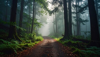 Wall Mural - Serene forest pathway surrounded by towering trees and mist, inviting exploration and tranquility