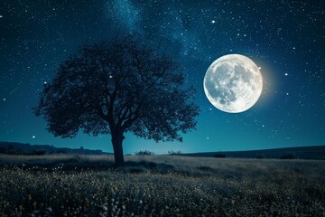 Wall Mural - Bright full moon illuminating a field with a lonely tree and starry night sky