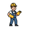 © Rapupi - Cartoon illustration of a construction worker holding a wrench, wearing a hard hat and gloves.