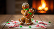© Shootdiem - Funny Christmas scene of a gingerbread gay couple dancing by a cozy fireplace. Festive LGBTQ image celebrating love, joy, and sweet holiday fun.