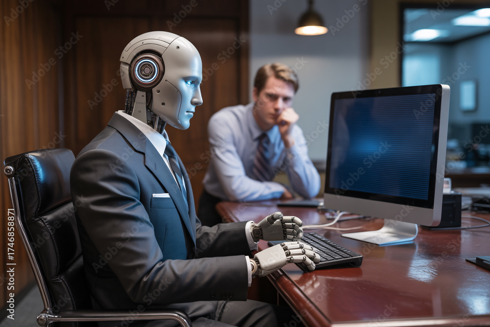 AI robot working on computer in office as human watches. AI replacing ...