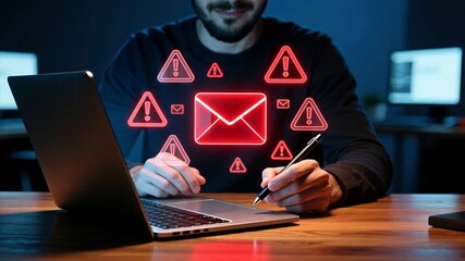 A man using a laptop with floating red warning icons for cyber threat showing notification alert and digital communication