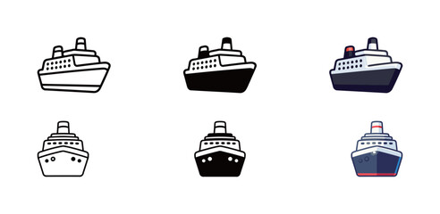 Wall Mural - Cruise Ship Vector Icon Set in Different Styles - Outline, Solid, and Colorful Transportation Symbol
