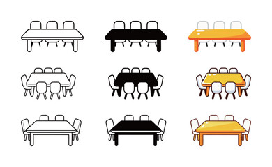 Wall Mural - Conference Meeting Table Icon Set - Outline, Solid, and Colorful Vector Symbol of Teamwork and Discussion