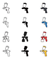 Wall Mural - Paint Spray Gun Icon Set - Outline, Solid, and Colorful Vector Symbol of Airbrush, Painting, and Industrial Work