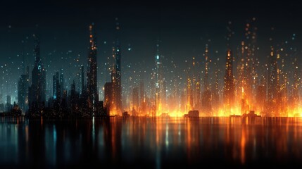 Wall Mural - Abstract Glowing Cityscape at Night with Illuminated Buildings