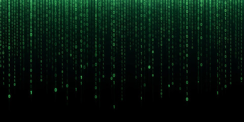 Flowing glowing binary code rain with vertical light streaks on a dark background, perfect for cyber tech and futuristic design.