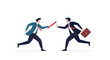 © RABBI - Two businessmen running and passing a baton.