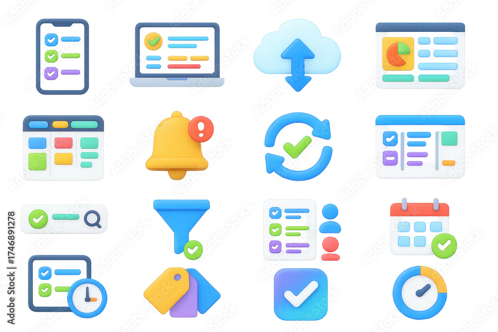 Ilustrace 3D Task Management Icons. Digital task list set of icons in ...