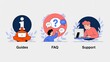 © Karuna - Guides, FAQ and Support: A set of illustrative icons depict guides, frequently asked questions, and tech support service in a unified concept.