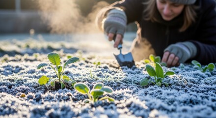 Wall Mural - Medium shot capturing frosthardy seedlings emerging from frostcovered ground as a gardener carefully tends to them in chilly morning light.