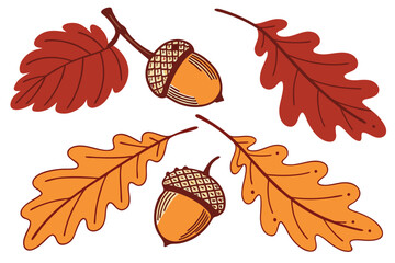 Acorns and oak leaves, fall season element pack silhouette vector illustration
