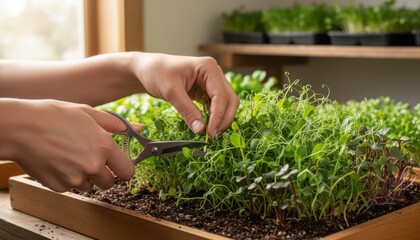 Wall Mural - Shot focusing on hands gently tending to mixed microgreens including pea shoots and radish capturing detailed care in organic growing environment.