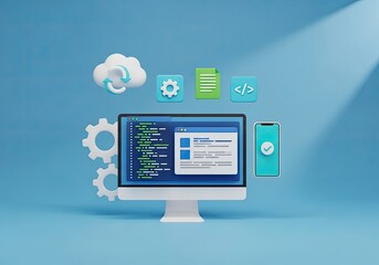 Computer Screen with gears, Cloud, code and phone icon on blue surface