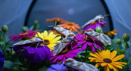 Wall Mural - Medium shot focusing on moths resting on colorful blossoms inside a screened pollination habitat designed to support nocturnal pollinators.