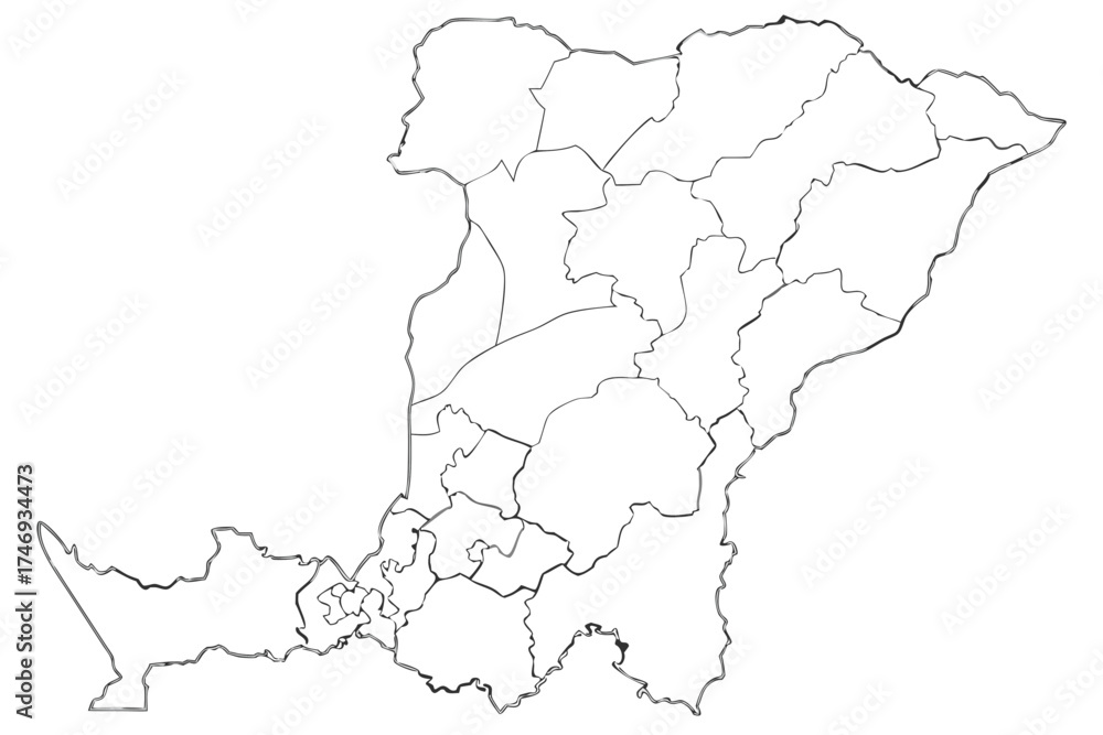Outlined map showing regional divisions with distinct borders and ...