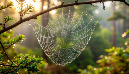 Intricate Spider Web Covered in Sparkling Dew Drops
