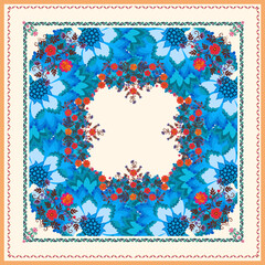 Wall Mural - Fabulous print for tablecloth, scarf and napkin with floral pattern and decorative paisley frames on white background. Beautiful pattern