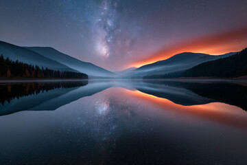 Wall Mural - A beautiful night sky with a lake in the foreground