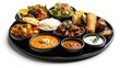 © Light of Art - A large Indian meal platter featu rice assorted vegetables meat and lentil curries salads bread sp rolls and various sauces on a black round tray