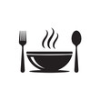© saif - Vector art of a black silhouette of a steaming bowl of soup or stew, with a fork on the left and a spoon on the right, isolated on a