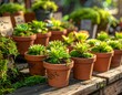 © Jeab - Rows of potted succulents and mosses displayed on a rustic wooden surface
