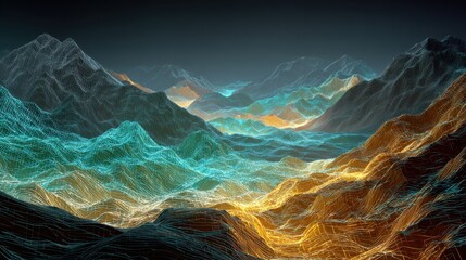 Wall Mural - Futuristic Wireframe Landscape with Glowing Grid and Mountains