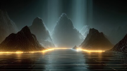 Wall Mural - Futuristic Wireframe Landscape with Glowing Grid and Mountain Peaks