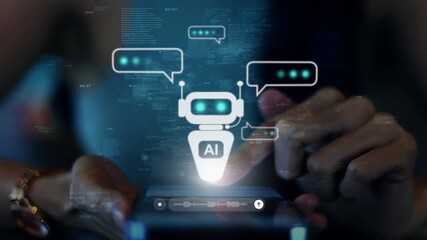 Chat Bot Chat with AI or Artificial Intelligence technology. Woman using phone chatting with an intelligent artificial intelligence asks for the answers he wants. ChatGPT
