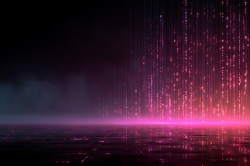 Abstract digital rain with binary code falling on a reflective surface, creating a futuristic and technological atmosphere with neon pink and purple lights.
