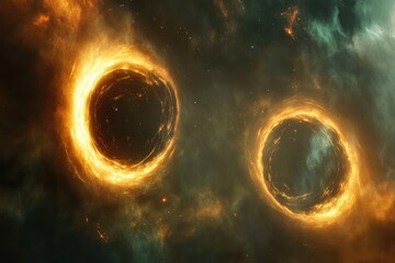 Wall Mural - Two glowing black holes in deep space surrounded by vibrant cosmic clouds