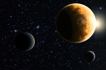 Wall Mural - Celestial bodies orbiting in a starry night sky with distant light source