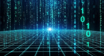 Futuristic digital stream of glowing binary code flows into a bright light.