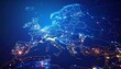 © Maliha - Europe's illuminated borders.  A digital map of Europe, highlighted by the glow of cities.  Detailed outlines of countries and illuminated urban areas.  A dark blue background enhances the light