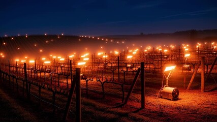 Medium shot capturing an array of heaters placed strategically throughout a vineyard to maintain warmth and prevent frost formation at night.