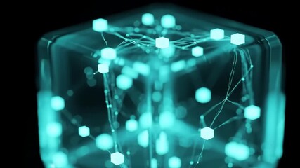 Abstract Blue Cube with Internal Hexagonal Network on Black Background