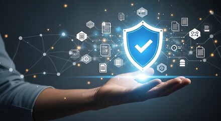 Data security and privacy concept with shield in hand