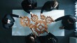 © InfiniteFlow - Top view of professional business team bring filled last cog to complete system. Group of smart diverse business people joining gear together at workplace.Show teamwork,unity, working. Directorate.