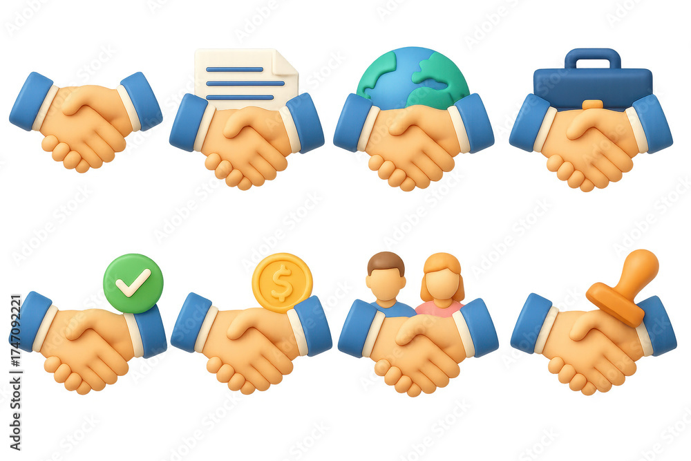3D Handshake Icons. Handshake deal set of icons in 3D color style ...