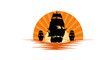 © Hridoy - Silhouette of a majestic tall ship sailing on a calm sea under a fiery sunset sky. vector