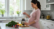 © NN AI - Healthy pregnant woman making fruit smoothie in modern kitchen. Expectant mother preparing nutritious drink for wellness. Pregnancy nutrition and lifestyle concept