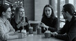 © NN AI - Group of young friends or colleagues having conversation in cafe. Four people discussing ideas over smoothies at table. Black and white photo of casual meeting